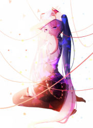 Rule 34 | 1girl, absurdres, bare shoulders, black skirt, black thighhighs, blue eyes, blue hair, chinese commentary, commentary request, confetti, from side, full body, grey shirt, hair ornament, hands up, hatsune miku, highres, long hair, looking at viewer, looking to the side, seiza, shimmer, shirt, shoulder tattoo, sitting, skirt, sleeveless, sleeveless shirt, solo, string, string around arm, string of fate, tattoo, thighhighs, twintails, tying hair, very long hair, vocaloid, white background, zettai ryouiki