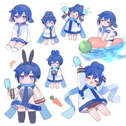 Rule 34 | 1boy, animal ear hairband, animal ears, black thighhighs, blue eyes, blue hair, chibi, fake animal ears, food, hairband, highres, holding, holding food, holding popsicle, kaito (vocaloid), kemonomimi mode, looking at viewer, mogu (wy5xrt7w), popsicle, project diva (series), rabbit boy, rabbit ear hairband, rabbit ears, rabbit tail, short hair, tail, thighhighs, vocaloid