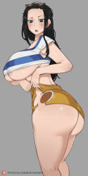 Rule 34 | 1girl, areola slip, ass, bob (bobtheneet), breasts, clothes lift, cosplay, highres, large breasts, nami (one piece) (cosplay), nico robin, no bra, no panties, one piece, shirt lift, skirt, solo, standing, sunglasses on head, underboob, undressing