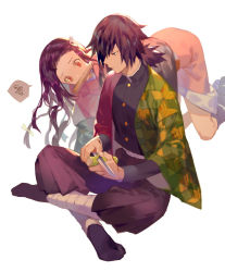 Rule 34 | 1boy, 1girl, all fours, belt, brown hair, brown pants, commentary request, fang, haori, head tilt, holding, holding weapon, indian style, japanese clothes, kimetsu no yaiba, long hair, mouth hold, no shoes, pants, purple hair, red eyes, simple background, sitting, tabi, weapon, white background, yamakawa