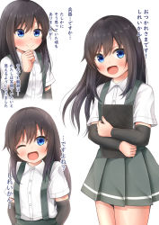 Rule 34 | 1girl, arm warmers, arms behind back, asashio (kancolle), black hair, blue eyes, comiching, commentary request, cowboy shot, grey skirt, highres, kantai collection, long hair, looking at viewer, multiple views, one eye closed, pleated skirt, shirt, short sleeves, skirt, smile, standing, suspender skirt, suspenders, translation request, upper body, white background, white shirt