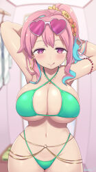 Rule 34 | 1girl, armpits, arms behind head, arms up, bikini, blurry, blurry background, blush, breasts, changing room, cleavage, earrings, flower, glint, hair flower, hair ornament, heart, heart-shaped eyewear, highleg, highleg bikini, highres, hoop earrings, hozuki kaede, indoors, jewelry, kasai shin, large breasts, licking lips, long hair, looking at viewer, multicolored hair, navel, o-ring, onii-chan wa oshimai!, pink-tinted eyewear, pink eyes, pink hair, pink pupils, side ponytail, solo, sunglasses, swimsuit, thick thighs, thighs, tinted eyewear, tongue, tongue out, two-tone hair, underboob, wide hips, yellow flower