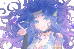 Rule 34 | 1girl, blue eyes, blue hair, bubble, fins, head fins, jewelry, long hair, looking at viewer, mel6969, mermaid, monster girl, multicolored hair, necklace, open mouth, purple hair, show by rock!!, solo, wavy hair, wendy (show by rock!!), white background