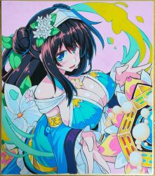 Rule 34 | 1girl, :d, bare shoulders, black hair, blue dress, blue eyes, blush, breasts, cleavage, detached sleeves, double bun, dress, covered erect nipples, flower, hair flower, hair ornament, hand up, highres, large breasts, long hair, looking at viewer, magatama, open mouth, rinne (sennen sensou aigis), sennen sensou aigis, sidelocks, smile, solo, soune1000, standing, traditional media, very long hair, wide sleeves