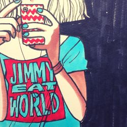 Rule 34 | 1girl, arms up, blonde hair, blue nails, blue shirt, bryan lee o&#039;malley, cellphone, cellphone case, english text, highres, holding, holding phone, jewelry, jimmy eat world, nail polish, necklace, phone, photo (medium), selfie, shirt, short hair, short sleeves, solo, t-shirt, text focus, upper body