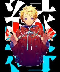 Rule 34 | 1boy, blonde hair, bright pupils, commentary request, copyright request, hands up, jacket, long sleeves, looking at viewer, male focus, parted lips, purple eyes, red jacket, ribbon, smile, solo, upper body, yamakawa