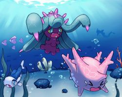 Rule 34 | &gt;o&lt;, bad id, bad tumblr id, blue eyes, bubble, chasing, closed eyes, colored sclera, coral, coral reef, corsola, creatures (company), crying, fangs, fleeing, game freak, gen 1 pokemon, gen 2 pokemon, gen 3 pokemon, gen 7 pokemon, gyarados, light rays, luvdisc, mareanie, nintendo, no humans, ocean, open mouth, pokemon, pokemon (creature), pokemon sm, rock, sand, seafloor, seaweed, sharp teeth, spikes, swimsuit, tearing up, tears, teeth, underwater, water, wishiwashi, wishiwashi (solo), yellow sclera