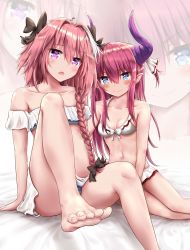 Rule 34 | 10s, 1boy, 1girl, ahoge, arm support, ashfair, astolfo (fate), astolfo (sparkling frills) (fate), bare arms, bare shoulders, bed sheet, bikini, bikini skirt, black bow, black ribbon, blue bikini, blue eyes, blush, bow, braid, breasts, closed mouth, collarbone, commentary request, crossdressing, curled horns, dragon girl, dragon horns, elizabeth bathory (fate), elizabeth bathory (fate/extra ccc), fang, fate/apocrypha, fate/extra, fate/extra ccc, fate (series), feet, front-tie bikini top, front-tie top, hair between eyes, hair bow, hair intakes, hair over shoulder, hair ribbon, head tilt, heart, heart-shaped pupils, horn ornament, horn ribbon, horns, knee up, long hair, looking at viewer, miniskirt, multicolored hair, navel, off-shoulder bikini, off shoulder, official alternate costume, open mouth, pink hair, pointy ears, purple eyes, ribbon, sidelocks, single braid, sitting, skin fang, skirt, small breasts, smile, stomach, streaked hair, sweat, sweatdrop, swimsuit, symbol-shaped pupils, toenails, toes, trap, two side up, v-shaped eyebrows, v-shaped eyes, white background, white bikini, white ribbon, white skirt, zoom layer