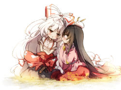 Rule 34 | 2girls, alternate eye color, animal, animal on head, black hair, black legwear, blush, bow, brown eyes, chibi, commentary request, crossed arms, floral print, frilled sleeves, frills, from side, fujiwara no mokou, grass, hair bow, highres, houraisan kaguya, indian style, long hair, long sleeves, looking at another, multiple girls, no shoes, ofuda, on head, open mouth, pants, pink shirt, piyokichi, profile, rabbit, red pants, red skirt, rock, shirt, short sleeves, sidelocks, silver hair, simple background, sitting, sketch, skirt, smile, socks, suspenders, touhou, very long hair, white background, white bow, white shirt, wide sleeves