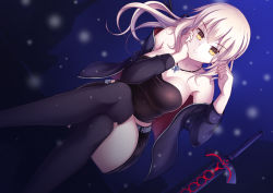 Rule 34 | 1girl, absurdres, artoria pendragon (all), artoria pendragon (fate), bare shoulders, belt, black jacket, black ribbon, black shorts, black thighhighs, blonde hair, blurry, breasts, cleavage, collarbone, covered navel, crossed legs, dark background, dutch angle, euforia, excalibur morgan (fate), expressionless, fate/stay night, fate (series), hair ribbon, hand on own cheek, hand on own face, hands up, highres, jacket, jewelry, long hair, long sleeves, looking at viewer, medium breasts, necklace, off shoulder, official alternate costume, open clothes, open jacket, parted lips, pendant, ponytail, ribbon, saber alter, saber alter (ver. shinjuku 1999) (fate), short shorts, shorts, sitting, solo, strapless, thighhighs, tsurime, tube top, v-shaped eyebrows, yellow eyes