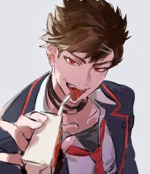 Rule 34 | 1boy, @ 43517, alternate form, apple juice, belial (granblue fantasy), bishounen, black choker, brown hair, choker, drink, drinking straw, granblue fantasy, hair ornament, hairclip, holding, holding drink, jacket, juice, korean commentary, looking to the side, male focus, messy hair, necktie, official alternate costume, open clothes, open jacket, popped collar, portrait, red eyes, red tie, school uniform, short hair, sketch, solo focus, teeth, tongue, tongue out, upper teeth only, white background