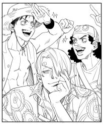 Rule 34 | 3boys, cigarette, commentary, curly eyebrows, curly hair, eyelashes, facial hair, goatee, goggles, goggles around neck, greyscale, hand on own chin, hat, holding, holding cigarette, long nose, looking at viewer, male focus, monkey d. luffy, monochrome, multiple boys, mush820823, one piece, open clothes, open mouth, open shirt, sanji (one piece), scar, scar on face, smile, sparkle, straw hat, usopp, wristband