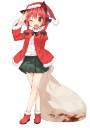 Rule 34 | 1girl, alternate costume, animal ears, bad id, bad pixiv id, bag, blood, blush, boots, bow, braid, cardigan, cat ears, christmas, fang, full body, hair bow, hair ornament, hat, kaenbyou rin, long hair, long sleeves, one eye closed, open mouth, puffy sleeves, red eyes, red hair, sack, santa boots, santa costume, santa hat, shirt, shnva, simple background, skirt, smile, solo, touhou, twin braids, white background