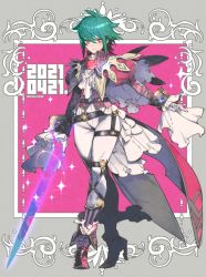 Rule 34 | 1girl, asellus (saga frontier), closed mouth, dated, flower, full body, gloves, green hair, looking at viewer, red eyes, red flower, red rose, rose, saga, saga frontier, sasaki tomomi, short hair, solo, sword, weapon, white gloves