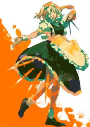 Rule 34 | 1girl, :d, apron, batsu koseidai, black dress, black footwear, bow, braid, commentary, dress, frilled dress, frills, green bow, green eyes, hair bow, highres, holding, holding knife, izayoi sakuya, knife, looking at viewer, maid apron, maid headdress, one-hour drawing challenge, open mouth, protected link, puffy short sleeves, puffy sleeves, shirt, shoes, short hair, short sleeves, smile, socks, solo, standing, standing on one leg, touhou, twin braids, white apron, white hair, white shirt, white socks, wrist cuffs