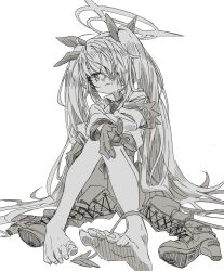 Rule 34 | 1girl, armband, barefoot, blue archive, boots, collared shirt, demon tail, feet, foot focus, gloves, greyscale, hair over one eye, hair ribbon, hair spread out, halo, hatching (texture), highres, iori (blue archive), jitaso, knees together feet apart, long hair, looking at viewer, monochrome, necktie, ribbon, shirt, shoes, unworn shoes, simple background, sitting, sketch, solo, tail, twintails, white background