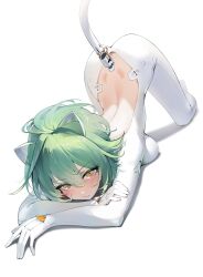 1girl absurdres admiral_nakhimov_(azur_lane) all_fours animal_ears ass azur_lane back backless_bodysuit blush bodysuit breasts butt_crack cat_ears cat_tail commentary fake_animal_ears fake_tail green_hair hair_between_eyes highres invisible_floor janload1ng looking_at_viewer medium_breasts parted_lips shadow short_hair simple_background solo tail top-down_bottom-up white_background white_bodysuit world_of_warships yellow_eyes