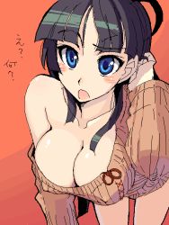 Rule 34 | 1girl, adjusting hair, blue eyes, blunt bangs, blush, bottomless, breasts, cleavage, covered erect nipples, impossible clothes, impossible shirt, kusanagi tonbo, leaning forward, naked sweater, no pants, oekaki, open mouth, orange background, original, raised eyebrow, shirt, shirt slip, simple background, solo, sweater