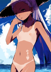 Rule 34 | 00s, 1girl, beach, bikini tan, breasts, cloud, colorized, cowboy shot, day, flat chest, hat, idolmaster, idolmaster (classic), idolmaster 1, long hair, minase iori, nipples, nude, ocean, out-of-frame censoring, outdoors, purple hair, red eyes, sky, small breasts, small nipples, solo, sun hat, sun tattoo, tan, tan tattoo, tanline, tattoo, very long hair, yamane masato