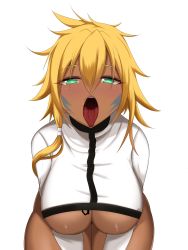 Rule 34 | 1girl, absurdres, bleach, blonde hair, blush, breasts, dark-skinned female, dark skin, from above, green eyes, hair between eyes, half-closed eyes, highres, large breasts, long hair, looking at viewer, open mouth, oral invitation, saliva, scrapy, solo, tier harribel, tongue, tongue out
