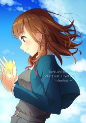 Rule 34 | 1girl, blush, breasts, brown eyes, brown hair, cloud, cloudy sky, commentary request, copyright name, date sayuri, dress, english text, from side, group name, highres, love live!, love live! superstar!!, medium breasts, medium hair, pinafore dress, qy73, school uniform, sky, sleeveless dress, smile, solo, star (symbol), upper body, voice actor, yuigaoka school uniform