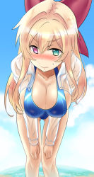 Rule 34 | 1girl, blonde hair, blue sky, blue one-piece swimsuit, blush, bow, breasts, cleavage, closed mouth, collarbone, cowboy shot, day, flower knight girl, foreshortening, green eyes, hair bow, heterochromia, ishizu kayu, ivy (flower knight girl), large breasts, leaning forward, long hair, looking at viewer, nose blush, one-piece swimsuit, open clothes, open shirt, purple eyes, red bow, see-through, shirt, sky, solo, swimsuit, wet, wet clothes, wet shirt