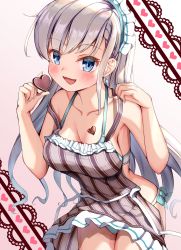 Rule 34 | 1girl, :d, apron, bare arms, bare shoulders, bikini, blue bikini, blue eyes, blush, breasts, candy, chocolate, chocolate heart, cleavage, collarbone, cowboy shot, earrings, food, gradient background, grey background, hands up, heart, highres, hisakawa hayate, holding, holding food, idolmaster, idolmaster cinderella girls, jewelry, leaning forward, long hair, maid headdress, medium breasts, nearly naked apron, open mouth, silver hair, smile, solo, striped apron, striped clothes, swimsuit, tudon (donut), vertical-striped apron, vertical-striped clothes, very long hair