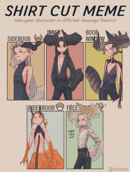 Rule 34 | 5girls, :3, arms behind back, belt, black dress, black hair, black pants, black shirt, bob cut, closed eyes, collarbone, collared shirt, crop top, curled horns, dragon girl, dragon horns, dragon tail, dress, dress shirt, english text, facial mark, fingernails, flat chest, grey hair, hair slicked back, hand on own hip, hands in pockets, highres, horns, kmbk, long hair, long sleeves, looking at viewer, looking away, monster girl, multiple drawing challenge, multiple girls, nail polish, orange hair, original, outside border, pants, plunging neckline, pointy ears, red eyes, red nails, ribs, scales, sharp fingernails, shirt, shirt cut meme, short hair, skinny, sleeveless, sleeveless dress, smile, spaghetti strap, tail, twintails, white hair, white shirt