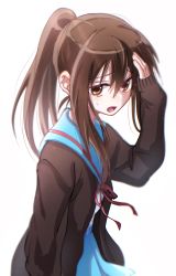 Rule 34 | 1girl, absurdres, bad id, bad pixiv id, blue sailor collar, blue skirt, brown cardigan, brown eyes, brown hair, cardigan, commentary request, genderswap, genderswap (mtf), hand on forehead, highres, kita high school uniform, kyonko, long hair, long sleeves, looking at viewer, open cardigan, open clothes, open mouth, ponytail, red ribbon, reguashi, ribbon, sailor collar, school uniform, serafuku, simple background, skirt, solo, suzumiya haruhi no yuuutsu, sweatdrop, white background