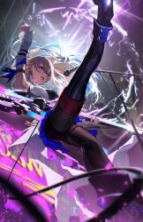 Rule 34 | 1girl, absurdres, acoustic guitar, armpits, asymmetrical clothes, black choker, blonde hair, blue eyes, blue skirt, boots, choker, commentary request, concert, detached sleeves, earrings, guitar, hand up, highres, holding, holding guitar, holding instrument, honkai: star rail, honkai (series), instrument, jewelry, leg up, long hair, meltyrice, microphone, mismatched earrings, multicolored hair, music, pantyhose, serval landau, signature, singing, skirt, solo, streaked hair, thighhighs, white sleeves