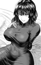 Rule 34 | 1girl, black hair, breasts, daraz, dress, fubuki (one-punch man), greyscale, hand on breast, highres, large breasts, looking at viewer, monochrome, on bed, one-punch man, parted lips, see-through, shadow, short hair, simple background, sitting, solo, thick thighs, thighs, tight clothes, tight dress, white background