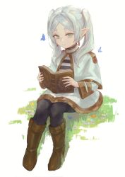 Rule 34 | 1girl, aonh 412, blue butterfly, book, boots, brown footwear, bug, butterfly, capelet, closed mouth, earrings, elf, frieren, full body, grass, green eyes, highres, holding, holding book, insect, jewelry, long hair, looking at viewer, parted bangs, pointy ears, reading, short eyebrows, simple background, sitting, solo, sousou no frieren, thick eyebrows, twintails, white background, white capelet