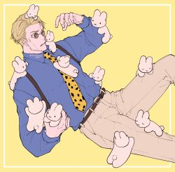 Rule 34 | 1boy, achan (cute tsukamoto), animal, animal print, arm up, belt, blonde hair, blue shirt, border, brown pants, closed mouth, collared shirt, forehead, glasses, hand up, highres, holding, holding animal, jpeg artifacts, jujutsu kaisen, leaning back, leopard print, long sleeves, male focus, nanami kento, necktie, pants, pince-nez, rabbit, shirt, shirt tucked in, short hair, simple background, solo, sunglasses, sweat, too many, yellow background, yellow necktie