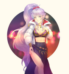 Rule 34 | 1girl, alternate costume, breasts, collar, commentary, earrings, eili enie, english commentary, fire emblem, fire emblem: genealogy of the holy war, highres, ishtar (fire emblem), jacket, jewelry, long hair, medium breasts, necklace, nintendo, purple hair, thighs, very long hair