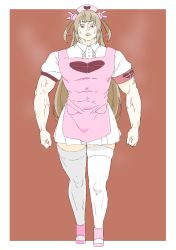 Rule 34 | 1girl, absurdres, apron, bad id, bad twitter id, blonde hair, closed mouth, collared dress, donguri suzume, dress, full body, hair ornament, hat, heart, highres, long hair, muscular, muscular female, natori sana, nurse, nurse cap, pink apron, pink footwear, pink hat, puffy short sleeves, puffy sleeves, rabbit hair ornament, red background, red eyes, sana channel, shoes, short dress, short sleeves, solo, thighhighs, two side up, virtual youtuber, white dress, white thighhighs, wing collar