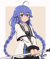 Rule 34 | 1girl, absurdres, ahoge, black skirt, blue eyes, blue hair, braid, capelet, closed mouth, collar, commentary, english commentary, flat chest, grey shirt, highres, holding, holding staff, jacket, light smile, looking at viewer, mage staff, mixed-language commentary, mushoku tensei, pegasus arts, roxy migurdia, shirt, simple background, skirt, solo, staff, twin braids, upper body, white capelet, white collar, white jacket