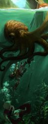 Rule 34 | asphyxiation, bubble, drowning, highres, long image, octopus, sword, tagme, tall image, tentacles, underwater, weapon