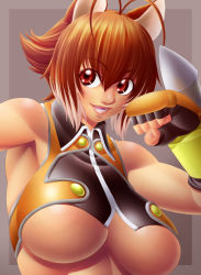 Rule 34 | 1girl, animal ears, arc system works, bare shoulders, blazblue, blazblue: continuum shift, breasts, brown eyes, brown hair, buttons, highres, large breasts, makoto nanaya, masato (mk), revealing clothes, solo, squirrel, squirrel ears, underboob