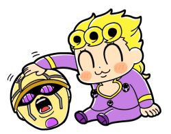 Rule 34 | 1boy, :3, bkub, blonde hair, blush, blush stickers, braid, braided ponytail, cleavage cutout, clothing cutout, commentary, curly hair, closed eyes, giorno giovanna, gold experience, headpat, jacket, jojo no kimyou na bouken, large buttons, long sleeves, male focus, motion lines, open mouth, pants, purple eyes, purple footwear, purple jacket, purple pants, severed head, shoes, shouting, simple background, single braid, sitting, solo, stand (jojo), vento aureo, white background