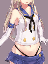 Rule 34 | 10s, 1girl, bad id, bad pixiv id, black panties, blonde hair, blue skirt, elbow gloves, gloves, head out of frame, highres, kantai collection, long hair, navel, panties, shimakaze (kancolle), simple background, skirt, solo, takeichi yui, underwear, white gloves, yui takeichi