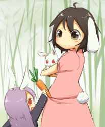 Rule 34 | 2girls, animal, animal ears, bad id, bad pixiv id, bamboo, bamboo forest, blazer, brown eyes, brown hair, rabbit, carrot, dress, forest, from behind, happy, holding, holding animal, inaba tewi, ito (itokayu), itokayu, jacket, long hair, long sleeves, looking at another, looking down, looking up, multiple girls, nature, open mouth, pink dress, purple hair, rabbit ears, rabbit girl, rabbit tail, red eyes, reisen udongein inaba, role reversal, short hair, smile, tail, touhou, aged down