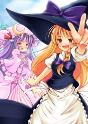 Rule 34 | 2girls, :o, apron, ascot, bad id, bad pixiv id, black dress, blonde hair, crescent, crescent hat ornament, dress, female focus, hat, hat ornament, kirisame marisa, looking at viewer, mob cap, multiple girls, open mouth, outstretched arm, patchouli knowledge, photoshop (medium), purple hair, sidelocks, touhou, waist apron, witch hat, yako