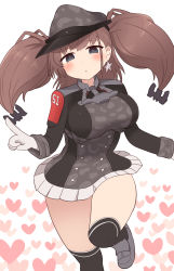 Rule 34 | 1girl, anchor hair ornament, atlanta (kancolle), black hat, black thighhighs, blush, brown hair, cosplay, earrings, gloves, grey eyes, grey footwear, hair ornament, hat, heart, highres, jewelry, kantai collection, leg up, long hair, over-kneehighs, peaked cap, prinz eugen (kancolle), prinz eugen (kancolle) (cosplay), simoyuki, skirt, solo, star (symbol), star earrings, thighhighs, two side up, white background, white gloves, white skirt
