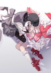 Rule 34 | 2girls, absurdres, akemi homura, ankle ribbon, argyle, argyle clothes, argyle legwear, back bow, backlighting, black hair, black hairband, black thighhighs, bow, bubble skirt, buttons, capelet, covered face, cross-laced footwear, facing away, flat chest, frilled legwear, frilled sleeves, frills, from behind, full body, gloves, gradient background, grey background, grey bow, grey capelet, grey skirt, hair ribbon, hairband, hand on another&#039;s arm, hand on another&#039;s ear, hand on another&#039;s head, highres, holding hands, implied kiss, implied yuri, interlocked fingers, kaname madoka, knees together feet apart, leaning forward, leg ribbon, long hair, long sleeves, lying, mahou shoujo madoka magica, mahou shoujo madoka magica (anime), multiple girls, on back, on floor, pink hair, pink ribbon, pleated skirt, red footwear, red ribbon, ribbon, shadow, short twintails, simple background, sitting, skirt, socks, soul gem, straight hair, thighhighs, torn clothes, torn legwear, twintails, white background, white gloves, white skirt, white socks, white thighhighs, xiu kukkii