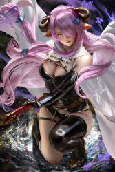 Rule 34 | 1girl, asymmetrical footwear, banned artist, black footwear, black gloves, black panties, boots, breasts, brown eyes, bustier, cleavage, elbow gloves, floating hair, full body, gloves, granblue fantasy, hair ornament, hair over one eye, horns, large breasts, long hair, looking at viewer, midriff, narmaya (granblue fantasy), navel, on one knee, panties, parted lips, pink hair, pointy ears, red lips, sheath, sheathed, signature, solo, stomach, thigh boots, underwear, very long hair, zumi (zumidraws)