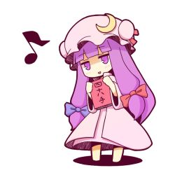 Rule 34 | 1girl, blush, book, chibi, crescent, dress, female focus, hair ribbon, hat, long hair, musical note, open mouth, patchouli knowledge, pink dress, purple eyes, purple hair, ribbon, simple background, smile, solo, taiga mahoukan, touhou, translation request, white background
