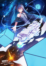 Rule 34 | 1girl, absurdres, aqua necktie, bare shoulders, black skirt, black sleeves, blue hair, character name, chinese commentary, closed eyes, commentary request, crying, cube, detached sleeves, grey shirt, hair ornament, happy birthday, hatsune miku, highres, long hair, necktie, outstretched arms, paper, shimmer, shirt, skirt, sky, sleeveless, sleeveless shirt, solo, star (sky), starry sky, tears, twintails, upper body, very long hair, vocaloid