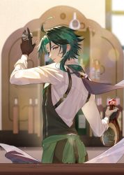 Rule 34 | 1boy, ahoge, alcohol, apron, arm up, bar (place), bartender, black gloves, black vest, blurry, blurry background, bottle, cape, collared shirt, commentary request, counter, eyeshadow, facial mark, forehead mark, genshin impact, gloves, green apron, green hair, hand up, highres, holding, holding bottle, indoors, jigger, light particles, long sleeves, looking at viewer, looking back, makeup, male focus, multicolored hair, open mouth, parted bangs, parted lips, purple cape, red eyeshadow, shelf, shirt, short hair with long locks, sidelocks, solo, standing, streaked hair, upper body, vest, waist apron, white shirt, window, xiao (genshin impact), yellow eyes, yunifengxia