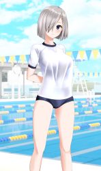 Rule 34 | 1girl, absurdres, alternate costume, arms behind back, blue buruma, blue eyes, blue sky, breasts, buruma, cloud, commentary request, day, feet out of frame, grey hair, gym shirt, gym uniform, hair ornament, hair over one eye, hairclip, hamakaze (kancolle), highres, kantai collection, lane line, large breasts, looking at viewer, outdoors, parted lips, pool, shirt, short hair, sky, solo, string of flags, t-shirt, takafumi, untucked shirt, white shirt