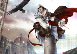 Rule 34 | 1boy, assassin&#039;s creed (series), assassin&#039;s creed ii, bad id, bad pixiv id, belt, bird, blade, boots, cape, church, concealed weapon, dome, eagle, ezio auditore da firenze, gauntlets, gloves, hood, male focus, petals, solo, vambraces, veszely, weapon
